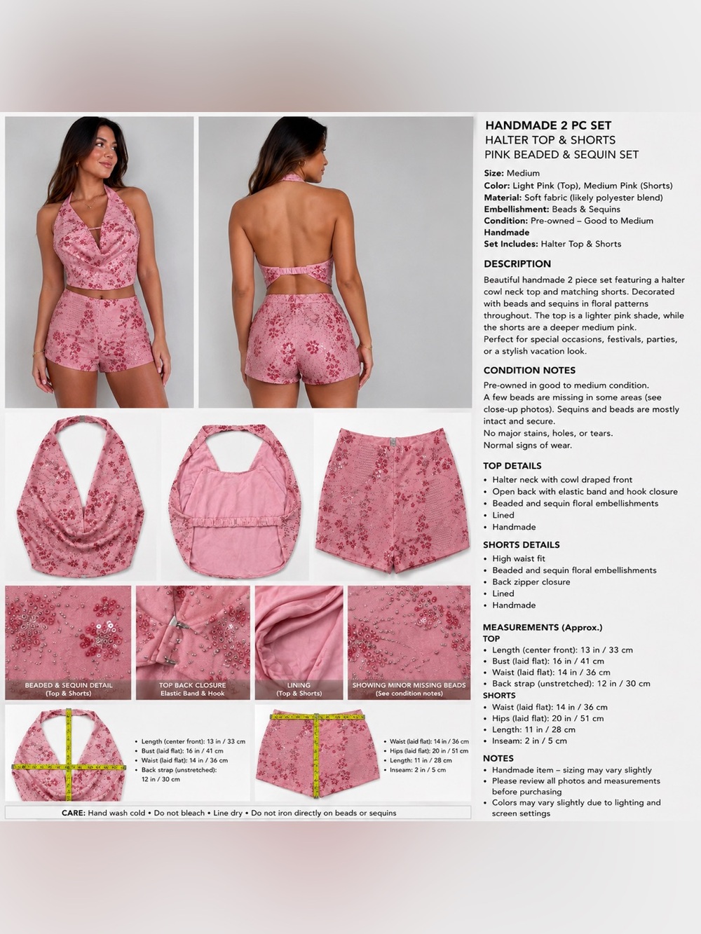 Hand Crafted Pink Beaded & Sequin Halter Top and Shorts Set